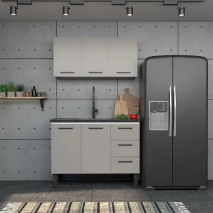 Cozinha Completa Gabinete Para Pia 120 e Armário Aéreo Juno/Apolo 4 Gavetas Cozimax Cinza Argila