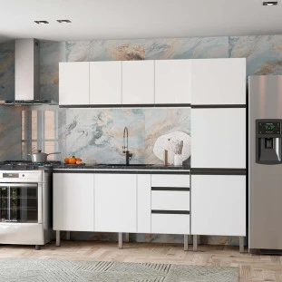 Cozinha Completa 220cm Gabinete Para Pia Com Armário Aéreo e Paneleiro Gaia Cozimax Branco