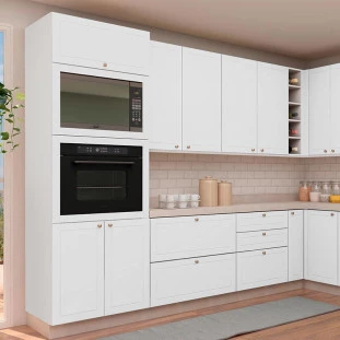 Módulo Torre Quente 208x70x56cm Micro-Ondas Forno 100% MDF Cozinha Provence Robel Branco/Branco Matte
