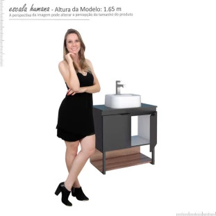 Gabinete Para Banheiro Madeira Sálvia 60 Preto/Tamarindo Cozimax Com Cuba Duna Branca
