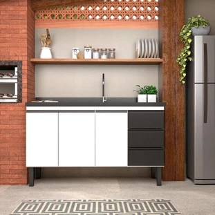 Gabinete de Aço Para Pia 150cm 3 Portas 3 Gavetas Netuno Cozimax Branco Preto