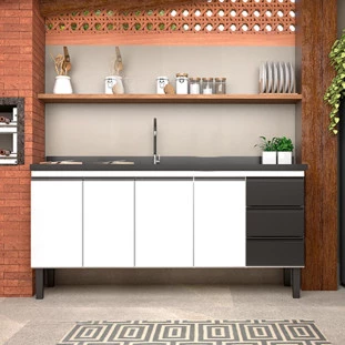 Gabinete de Aço Para Pia 200cm 4 Portas 3 Gavetas Netuno Cozimax Branco/Preto