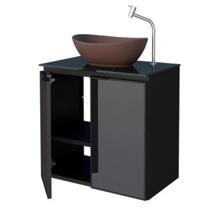 Gabinete Para Banheiro Preto Aço Umbu Tampo Vidro Com Cuba Bali Marrom Cozimax 