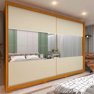 Guarda Roupa Grande 2 Portas com Espelho 100% MDF 278x239x63 Apolo Gelius Naturale/Off White