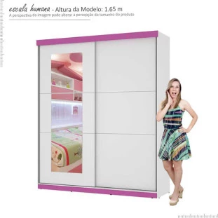Guarda Roupa Caribe Com Espelho Mirarack Branco/Rosa