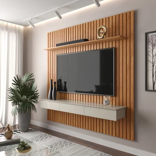 Home Painel Ripado Pequeno 138x180cm Para TV 50 Antares 1.4 Patrimar Cinamomo/Off White