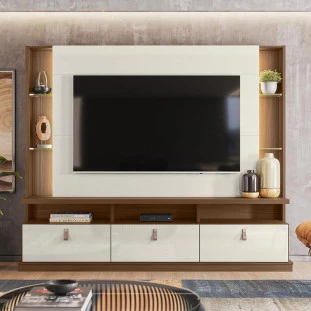 Estante Home Para TV 70 Polegadas 207cm Bilbao Lukaliam Cedro/Off White Perolizado