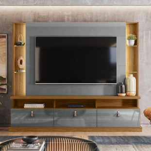 Estante Home Para TV 70 Polegadas 207cm Bilbao Lukaliam Freijo/Cinza Perolizado