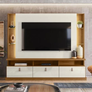 Estante Home Para TV 70 Polegadas 207cm Bilbao Lukaliam Freijo/Off White Perolizado