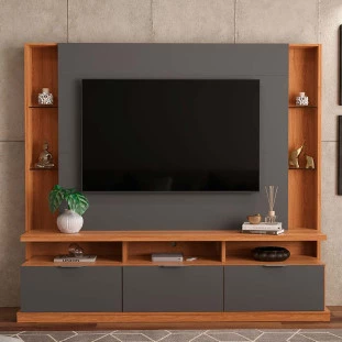 Estante Home Sala 207cm Para TV 70 Pol 3 Portas Bilbao Lukaliam Jequitiba/Cinza Perolizado