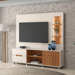 Estante Home Sala 207cm Para TV 70 Pol LED Brise Lukaliam Off White/Jequitiba