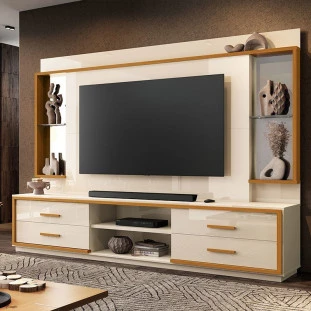 Home Para Sala 240cm TV 75 Polegadas 4 Gavetas Movie EAX Móveis Off White/Cedro