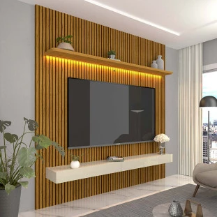 Home Painel Ripado 3D Para TV 70 Polegadas 180 x 250 Com LED Requinte Gelius Naturale/Off White