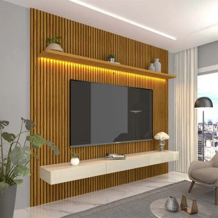 Home Painel Ripado 3D TV 75 Pol  224cm x 250cm Com LED Requinte Gelius Naturale/Off White