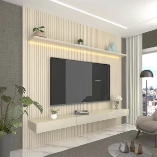 Home Painel Ripado 3D TV 75 Pol  224cm x 250cm Com LED Requinte Gelius Off White