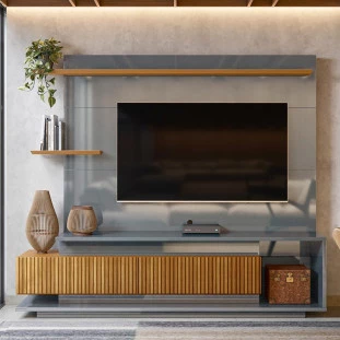 Estante Home Para TV 70 Polegadas 210cm Istambul Lukaliam Cinza Perolizado/Freijo Ripado
