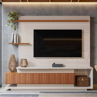 Estante Home Sala 210cm Para TV 65 Istambul Lukaliam Off White/Jequitiba Ripado 3D