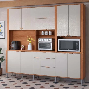 Cozinha Grande Completa 240x220cm 10 Portas 3 Gavetas Astra 2.4 Lukaliam Jequitiba/Areia