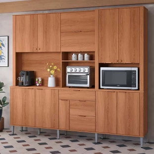 Cozinha Grande Completa 240x220cm 10 Portas 3 Gavetas Astra 2.4 Lukaliam Jequitiba