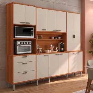 Cozinha Grande Completa 255x220cm 12 Portas 3 Gavetas Pulse 2.6 Lukaliam Jequitiba/Areia