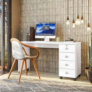Escrivaninha Mesa Escritório 4 Gavetas 136cm Dubai Lukaliam Branco