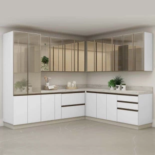Módulo Armário Aéreo Canto L 68x96x56cm Vidro Reflecta 100% MDF Cozinha Provence Robel Branco