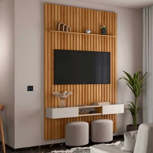 Painel Ripado Bali 150cm x 250cm Para TV 65 Com Bancada Bless Lukaliam Freijo/Off White