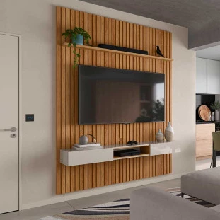 Painel Ripado Bali 190cm x 250cm Para TV 75 Com Bancada Bless Lukaliam Freijo/Off White