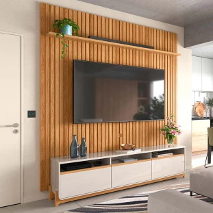 Rack Lion 213 com Painel Ripado Bali 240 TV 75 Polegadas Lukaliam Freijo/Off White