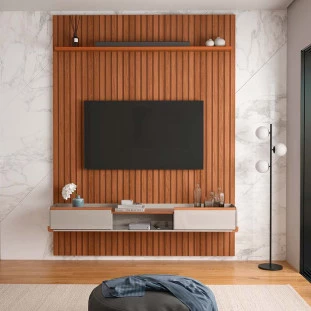 Painel Frisado 191x250cm Oslo Para TV 75 Bancada Atlas Lukaliam Jequitiba/Off White