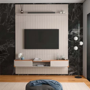 Painel Frisado 191x250cm Oslo Para TV 75 Bancada Atlas Lukaliam Off White/Jequitiba