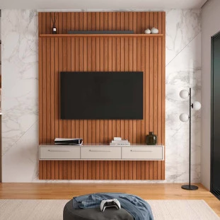 Painel Frisado 191x250cm Oslo Para TV 75 Bancada Bali Lukaliam Jequitiba/Off White