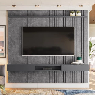 Painel Ripado 225cm Para TV 75 Polegadas Bless 2.3 Lukaliam Cimento Queimado