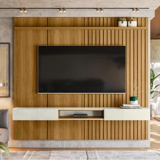 Painel Ripado 225cm Para TV 75 Polegadas Bless 2.3 Lukaliam Freijo/Off White