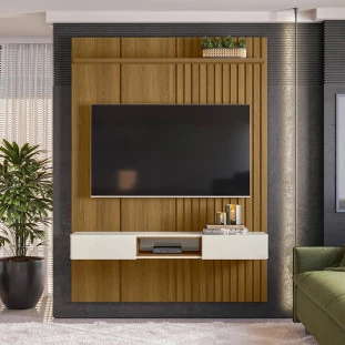 Painel Ripado 153cm Para TV 65 Polegadas Bless 1.6 Lukaliam Freijo/Off White