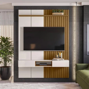 Painel Ripado 153cm Para TV 65 Polegadas Bless 1.6 Lukaliam Off White/Freijo