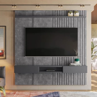 Painel Ripado 190cm Para TV 75 Polegadas Bless 1.9 Lukaliam Cimento Queimado