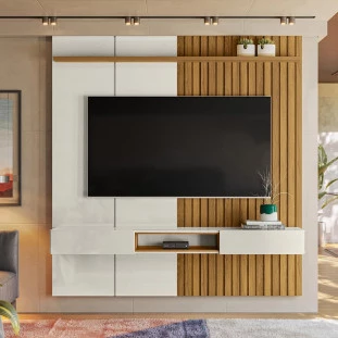 Painel Ripado 190cm Para TV 75 Polegadas Bless 1.9 Lukaliam Off White/Freijo