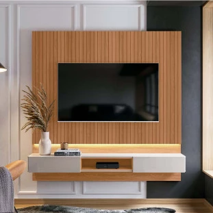 Painel Para TV 70 Polegadas 180cm Com LED Paris Lukaliam Jequitiba Ripado 3D/Off White Perolizado