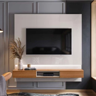 Painel Para TV 70 Polegadas 180cm Com LED Paris Lukaliam Off White Perolizado/Jequitiba