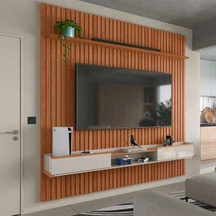 Painel Ripado Bali 234cm x 250cm Para TV 75 Com Bancada Atlas Lukaliam Jequitiba/Off White