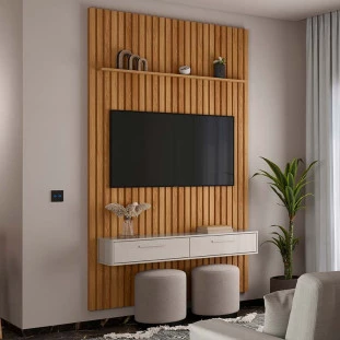 Painel Ripado Bali 148cm x 250cm TV 65 Polegadas Bancada Bali 1.5 Lukaliam Freijo/Off White