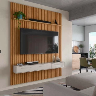 Painel Ripado Bali 190cm x 250cm TV 75 Polegadas Bancada Bali 1.9 Lukaliam Freijo/Off White