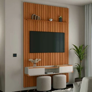 Painel Ripado Bali 150cm x 250cm Para TV 65 Com Bancada Atlas Lukaliam Jequitiba/Off White
