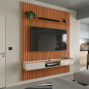 Painel Ripado Bali 190cm x 250cm Para TV 75 Com Bancada Atlas Lukaliam Jequitiba/Off White