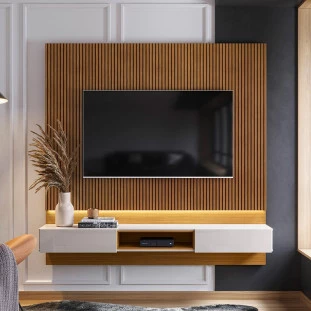 Painel Para TV 70 Polegadas 180cm Com LED Paris Lukaliam Tauari Ripado 3D/Off White Perolizado