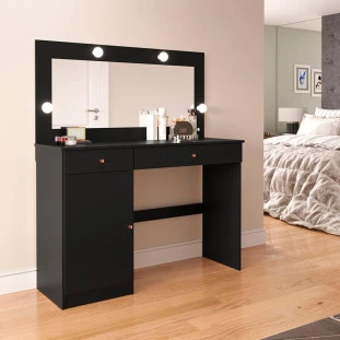 Penteadeira Camarim 120cm Espelho 4 Gavetas 1 Porta Diamante Patrimar Preto