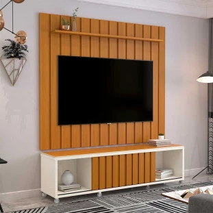 Rack Com Painel Ripado 180cm Para TV 75 Polegadas Brise 1.8 EDN Off White/Cedro