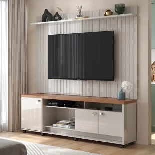 Rack com Painel Frisado 185cm Para TV 75 Dallas Lukaliam Off White/Jequitiba