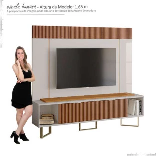 Rack Com Painel Para TV 75 Polegadas Sagary 2.1 EAX Móveis Off White/Tauari Ripado